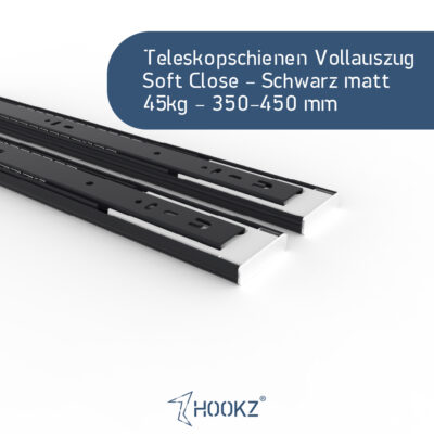 Schwarze Teleskopschienen mit Soft-Close in Vollauszug-Ausführung