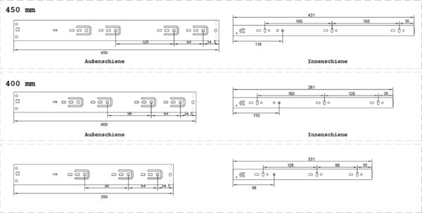 Technische Zeichnung der Teleskopschienen in 350 mm, 400 mm und 450 mm mit Maßen und Querschnitt