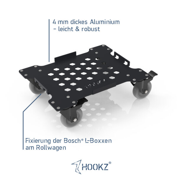 HOOKZ Rollwagen für Bosch L-Boxx | 4 mm Aluminium, 100 mm Rollen, 150 kg Tragkraft